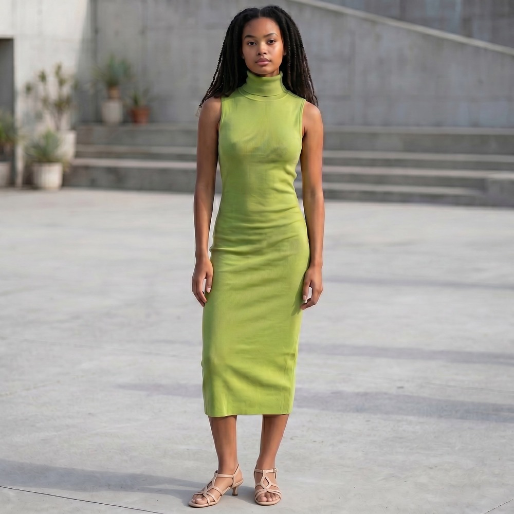 Timing Ribbed Sleeveless Turtleneck Midi Bodycon Dress Chartreuse S Sleek NWT